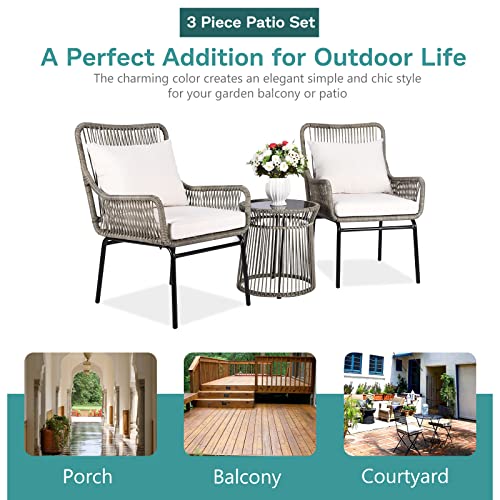 MEETWARM 3-Piece Outdoor All-Weather Wicker Furniture Set with Glass Top Side Table, Patio Conversation Bistro Sets with Cushions for Porch Garden & Backyard, Light Grey