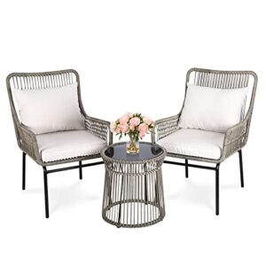 MEETWARM 3-Piece Outdoor All-Weather Wicker Furniture Set with Glass Top Side Table, Patio Conversation Bistro Sets with Cushions for Porch Garden & Backyard, Light Grey