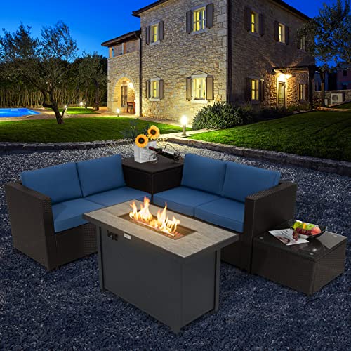 Tangkula 5-Piece Patio Furniture Set with 42 Inches Propane Fire Pit Table, Outdoor Wicker Conversation Set with Cushions, Storage Box and Coffee Table, 60,000 BTU Propane Fire Pit Table (Navy)