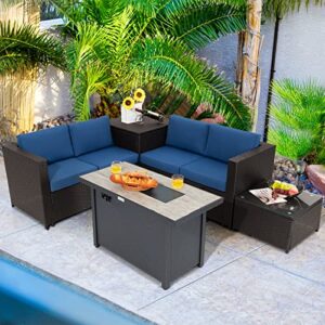 Tangkula 5-Piece Patio Furniture Set with 42 Inches Propane Fire Pit Table, Outdoor Wicker Conversation Set with Cushions, Storage Box and Coffee Table, 60,000 BTU Propane Fire Pit Table (Navy)