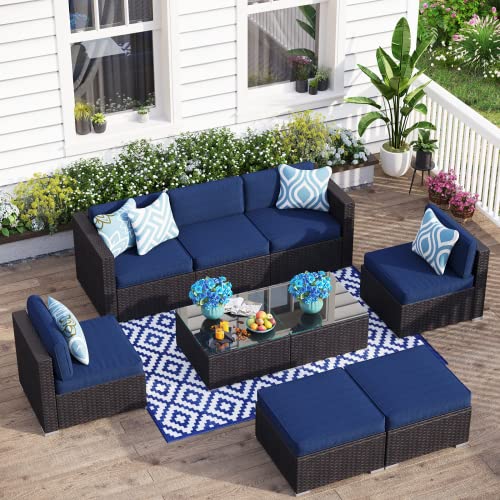 MFSTUDIO Outdoor Patio Furniture Set,9 Pieces All-Weather Wicker Outdoor Couch Sectional Sofa,Rattan Patio Conversation Set with Coffee Table, Blue Washable Cushion