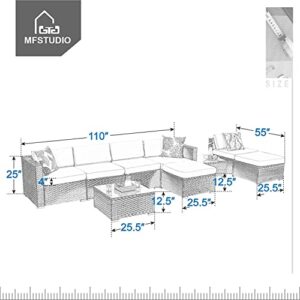 MFSTUDIO Outdoor Patio Furniture Set,9 Pieces All-Weather Wicker Outdoor Couch Sectional Sofa,Rattan Patio Conversation Set with Coffee Table, Blue Washable Cushion