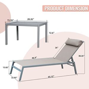 Domi Patio Chaise Lounge Set of 3, Aluminum Lounge Chairs with 5 Adjustable Positions, Outdoor Chaise Lounge for Pool, Deck, Garden, Backyard, Sunbathing(Khaki)