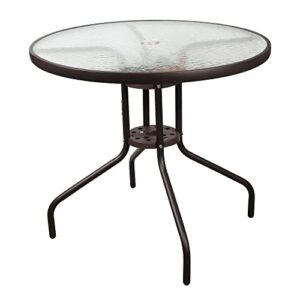 garden elements outdoor wave glass patio dining furniture round steel table, brown, 31.5″