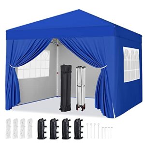 yaheetech 10×10 pop up canopy with 4 removable sidewalls, portable enclosed instant tent, waterproof outdoor tent, beach sun shelter with 4 sandbags, 8 stakes & 4 ropes, blue