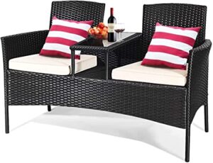 happygrill patio rattan loveseat outdoor porch furniture pe wicker loveseat with coffee table conversation sofa with cushions for garden lawn backyard poolside