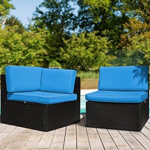 flamaker 2 pieces patio furniture set outdoor loveseat all weather pe rattan sofa chair set corner sofa armless sofa with padded soft cushion (blue)