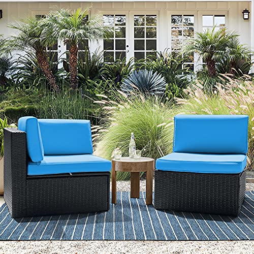 Flamaker 2 Pieces Patio Furniture Set Outdoor Loveseat All Weather PE Rattan Sofa Chair Set Corner Sofa Armless Sofa with Padded Soft Cushion (Blue)