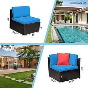 Flamaker 2 Pieces Patio Furniture Set Outdoor Loveseat All Weather PE Rattan Sofa Chair Set Corner Sofa Armless Sofa with Padded Soft Cushion (Blue)