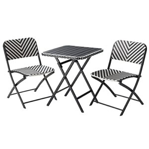 wampat 3 pcs patio bistro set plus size wicker folding furniture set, 2 wicker folding chairs, iron slatted tabletop table for small space lawn, pool, balcony & garden j0004d-1