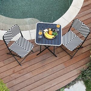 WAMPAT 3 Pcs Patio Bistro Set Plus Size Wicker Folding Furniture Set, 2 Wicker Folding Chairs, Iron Slatted Tabletop Table for Small Space Lawn, Pool, Balcony & Garden J0004D-1