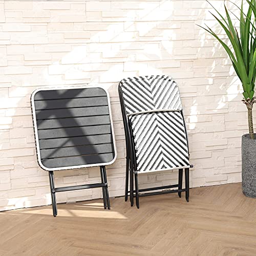 WAMPAT 3 Pcs Patio Bistro Set Plus Size Wicker Folding Furniture Set, 2 Wicker Folding Chairs, Iron Slatted Tabletop Table for Small Space Lawn, Pool, Balcony & Garden J0004D-1