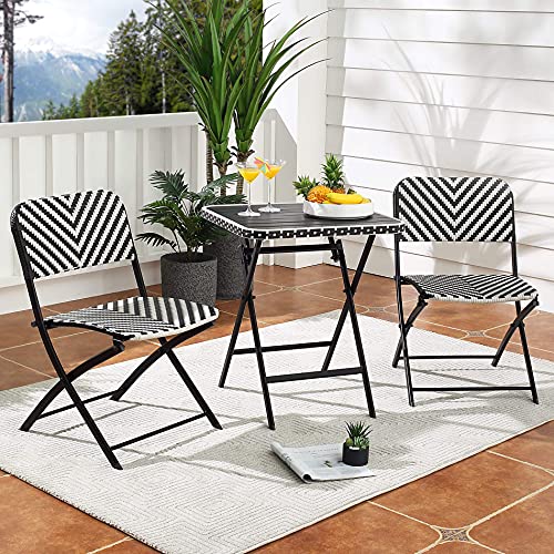 WAMPAT 3 Pcs Patio Bistro Set Plus Size Wicker Folding Furniture Set, 2 Wicker Folding Chairs, Iron Slatted Tabletop Table for Small Space Lawn, Pool, Balcony & Garden J0004D-1