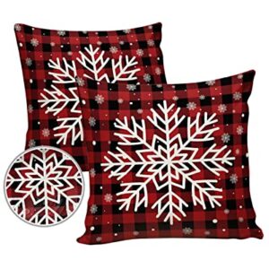 Outdoor Waterproof Throw Pillow Covers Set of 2,Christmas Snowflake Plaid Red Outdoor Pillow Covers Decorative Cushion Covers for Patio Funiture Garden,18 x 18 Inches,Winter Rustic Buffalo Checkered