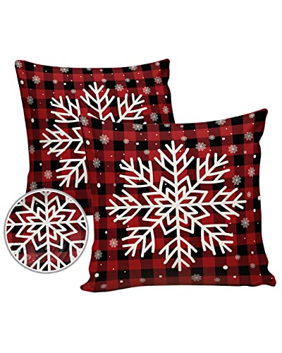 Outdoor Waterproof Throw Pillow Covers Set of 2,Christmas Snowflake Plaid Red Outdoor Pillow Covers Decorative Cushion Covers for Patio Funiture Garden,18 x 18 Inches,Winter Rustic Buffalo Checkered