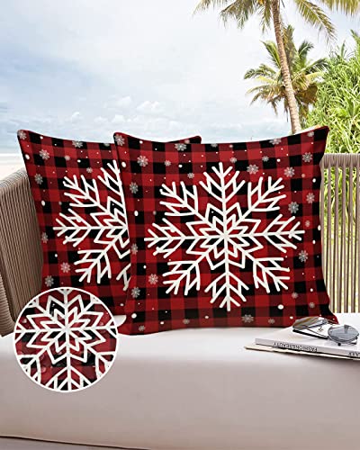 Outdoor Waterproof Throw Pillow Covers Set of 2,Christmas Snowflake Plaid Red Outdoor Pillow Covers Decorative Cushion Covers for Patio Funiture Garden,18 x 18 Inches,Winter Rustic Buffalo Checkered