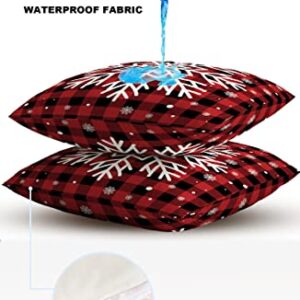 Outdoor Waterproof Throw Pillow Covers Set of 2,Christmas Snowflake Plaid Red Outdoor Pillow Covers Decorative Cushion Covers for Patio Funiture Garden,18 x 18 Inches,Winter Rustic Buffalo Checkered