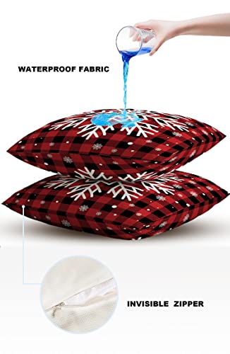 Outdoor Waterproof Throw Pillow Covers Set of 2,Christmas Snowflake Plaid Red Outdoor Pillow Covers Decorative Cushion Covers for Patio Funiture Garden,18 x 18 Inches,Winter Rustic Buffalo Checkered