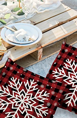 Outdoor Waterproof Throw Pillow Covers Set of 2,Christmas Snowflake Plaid Red Outdoor Pillow Covers Decorative Cushion Covers for Patio Funiture Garden,18 x 18 Inches,Winter Rustic Buffalo Checkered