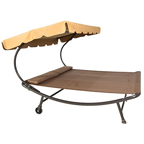 Sunnyglade 6.6'L x 6.5'W Patio Double Chaise Lounge Bed with Canopy,Headrest Pillow and Wheels,Portable Outdoor Hammock Bed for Backyard,Lawn,Garden,Courtyard,Brown