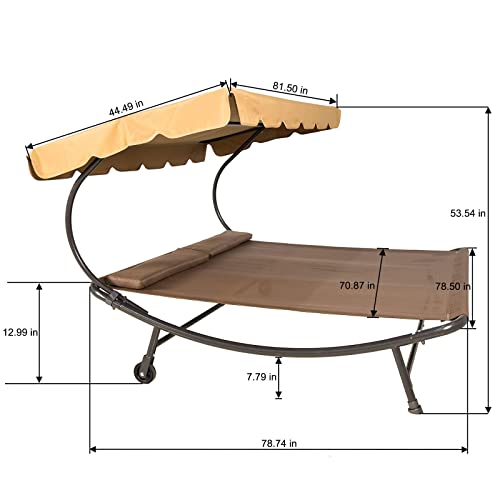 Sunnyglade 6.6'L x 6.5'W Patio Double Chaise Lounge Bed with Canopy,Headrest Pillow and Wheels,Portable Outdoor Hammock Bed for Backyard,Lawn,Garden,Courtyard,Brown