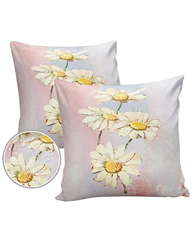 Outdoor Waterproof Throw Pillow Covers Daisy Flower Lumbar Pillowcases Oil Painting Abstract Decorative Outdoor Pillows Cushion Case Patio Pillows for Sofa Couch Bed Garden 16 x 16 Inches