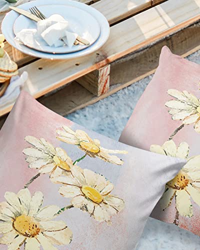 Outdoor Waterproof Throw Pillow Covers Daisy Flower Lumbar Pillowcases Oil Painting Abstract Decorative Outdoor Pillows Cushion Case Patio Pillows for Sofa Couch Bed Garden 16 x 16 Inches