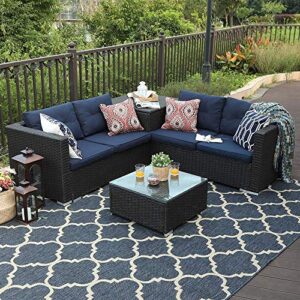 phi villa outdoor loveseat rattan sectional sofa – patio wicker furniture set outdoor couch for backyard, garden (4-piece navy blue)
