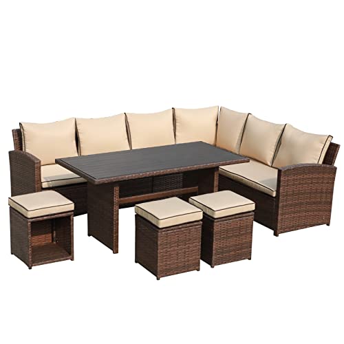 Verano Garden 7 Pieces Patio Furniture Set, Outdoor Patio Dining Sofa Set W/Cushion, Table & Ottoman, Clearance All Weather Outdoor Patio Furniture Set for Deck, Porch, Poolside, Backyard