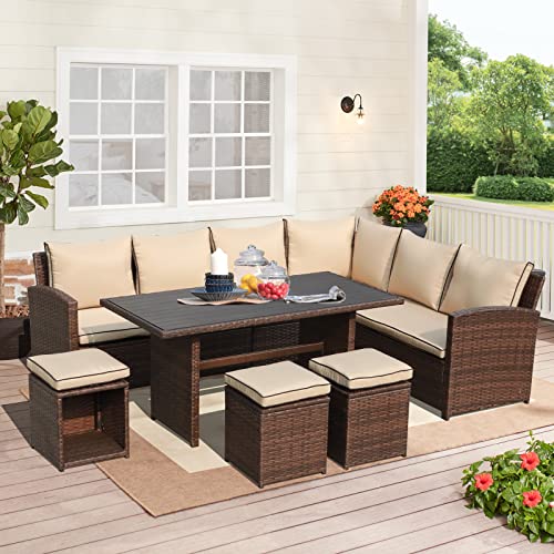 Verano Garden 7 Pieces Patio Furniture Set, Outdoor Patio Dining Sofa Set W/Cushion, Table & Ottoman, Clearance All Weather Outdoor Patio Furniture Set for Deck, Porch, Poolside, Backyard