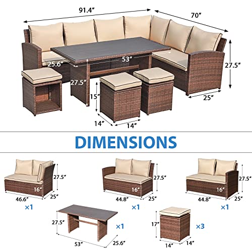 Verano Garden 7 Pieces Patio Furniture Set, Outdoor Patio Dining Sofa Set W/Cushion, Table & Ottoman, Clearance All Weather Outdoor Patio Furniture Set for Deck, Porch, Poolside, Backyard