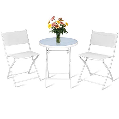 S AFSTAR 3-Piece Bistro Set, Folding Chairs and Table for Indoor Outdoor Patio Balcony Garden Poolside (White)