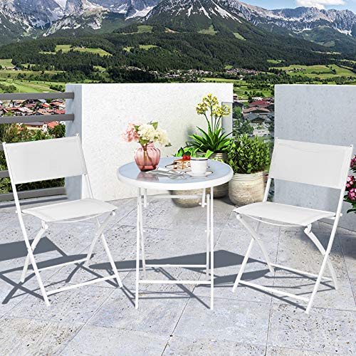 S AFSTAR 3-Piece Bistro Set, Folding Chairs and Table for Indoor Outdoor Patio Balcony Garden Poolside (White)