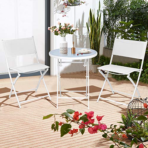 S AFSTAR 3-Piece Bistro Set, Folding Chairs and Table for Indoor Outdoor Patio Balcony Garden Poolside (White)