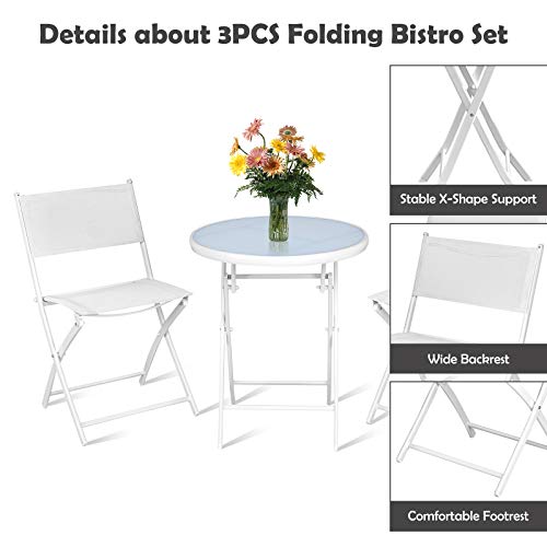 S AFSTAR 3-Piece Bistro Set, Folding Chairs and Table for Indoor Outdoor Patio Balcony Garden Poolside (White)