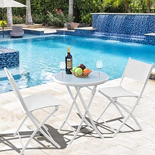 S AFSTAR 3-Piece Bistro Set, Folding Chairs and Table for Indoor Outdoor Patio Balcony Garden Poolside (White)