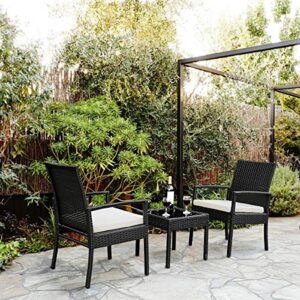 casart 3-piece rattan conversation set, outdoor wicker table and chairs for bistro garden backyard poolside, patio furniture set with cushioned seats and tempered glass table