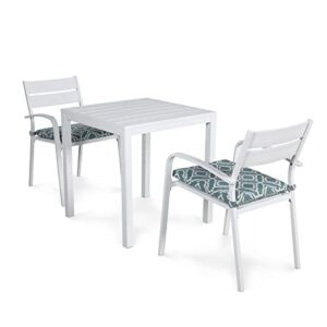 soleil jardin 3-piece outdoor bistro set aluminum patio furniture bistro table set outdoor dining table and stackable chairs with cushion, white finish & lattice cushion
