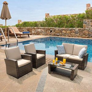 walsunny quality outdoor living,outdoor patio furniture sets,4 piece conversation set wicker ratten sectional sofa with seat cushions (brown)