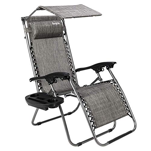 Bonnlo Zero Gravity Chair with Canopy Shade Patio Sunshade Lounge Chair, Folding Chair with Canopy Reclining Canopy Chairs with Cup Holder and Headrest for Beach Garden (Grey)