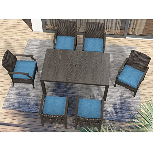 Grand patio 7 Pieces Outdoor Dinning Sets, All-Weather Wicker Patio Furniture Set for 6, Including Chairs and Rectangle Table with Umbrella Hole for Backyard, Garden, Outside, Deck,(Peacock Blue)