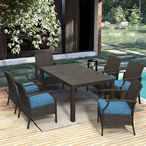 Grand patio 7 Pieces Outdoor Dinning Sets, All-Weather Wicker Patio Furniture Set for 6, Including Chairs and Rectangle Table with Umbrella Hole for Backyard, Garden, Outside, Deck,(Peacock Blue)