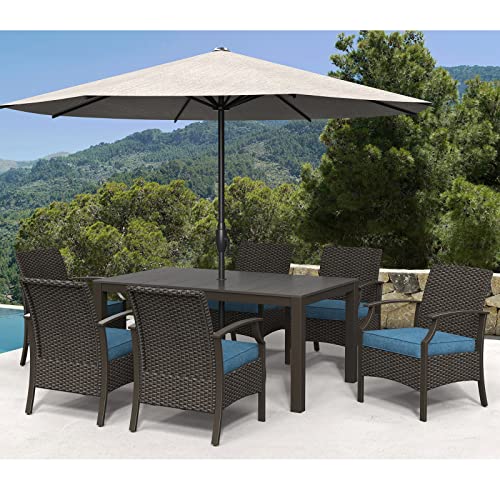 Grand patio 7 Pieces Outdoor Dinning Sets, All-Weather Wicker Patio Furniture Set for 6, Including Chairs and Rectangle Table with Umbrella Hole for Backyard, Garden, Outside, Deck,(Peacock Blue)