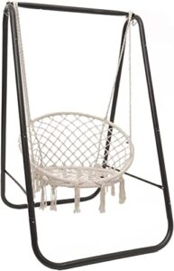 senada swing chair with stand, handwoven rope swing hammock chair, heavy duty hammock stand max load 360lbs, garden indoor outdoor hanging chair stand included set (white)