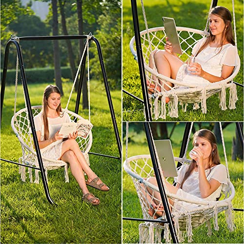 SENADA Swing Chair with Stand, Handwoven Rope Swing Hammock Chair, Heavy Duty Hammock Stand Max Load 360lbs, Garden Indoor Outdoor Hanging Chair Stand Included Set (White)