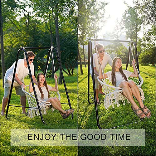 SENADA Swing Chair with Stand, Handwoven Rope Swing Hammock Chair, Heavy Duty Hammock Stand Max Load 360lbs, Garden Indoor Outdoor Hanging Chair Stand Included Set (White)