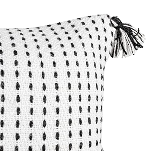 Foreside Home & Garden White with Black Tick Stripe 14X22 Hand Woven Filled Outdoor Pillow