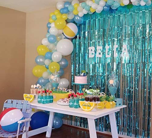 Blukey 2-Packs 3.2ft x 8.3ft Turquoise Metallic Tinsel Foil Fringe Backdrop Curtain for Wedding Christmas Halloween New Year