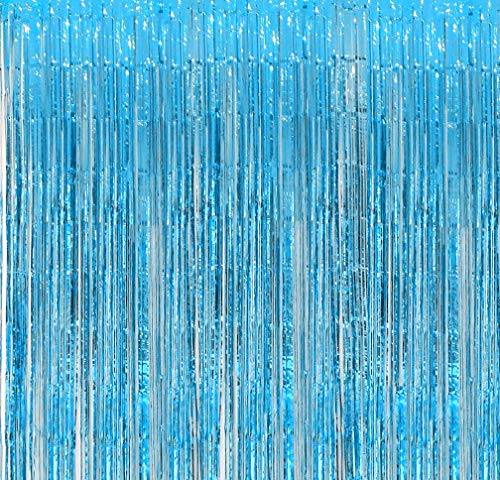 Blukey 2-Packs 3.2ft x 8.3ft Turquoise Metallic Tinsel Foil Fringe Backdrop Curtain for Wedding Christmas Halloween New Year