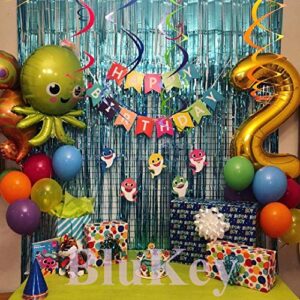 Blukey 2-Packs 3.2ft x 8.3ft Turquoise Metallic Tinsel Foil Fringe Backdrop Curtain for Wedding Christmas Halloween New Year